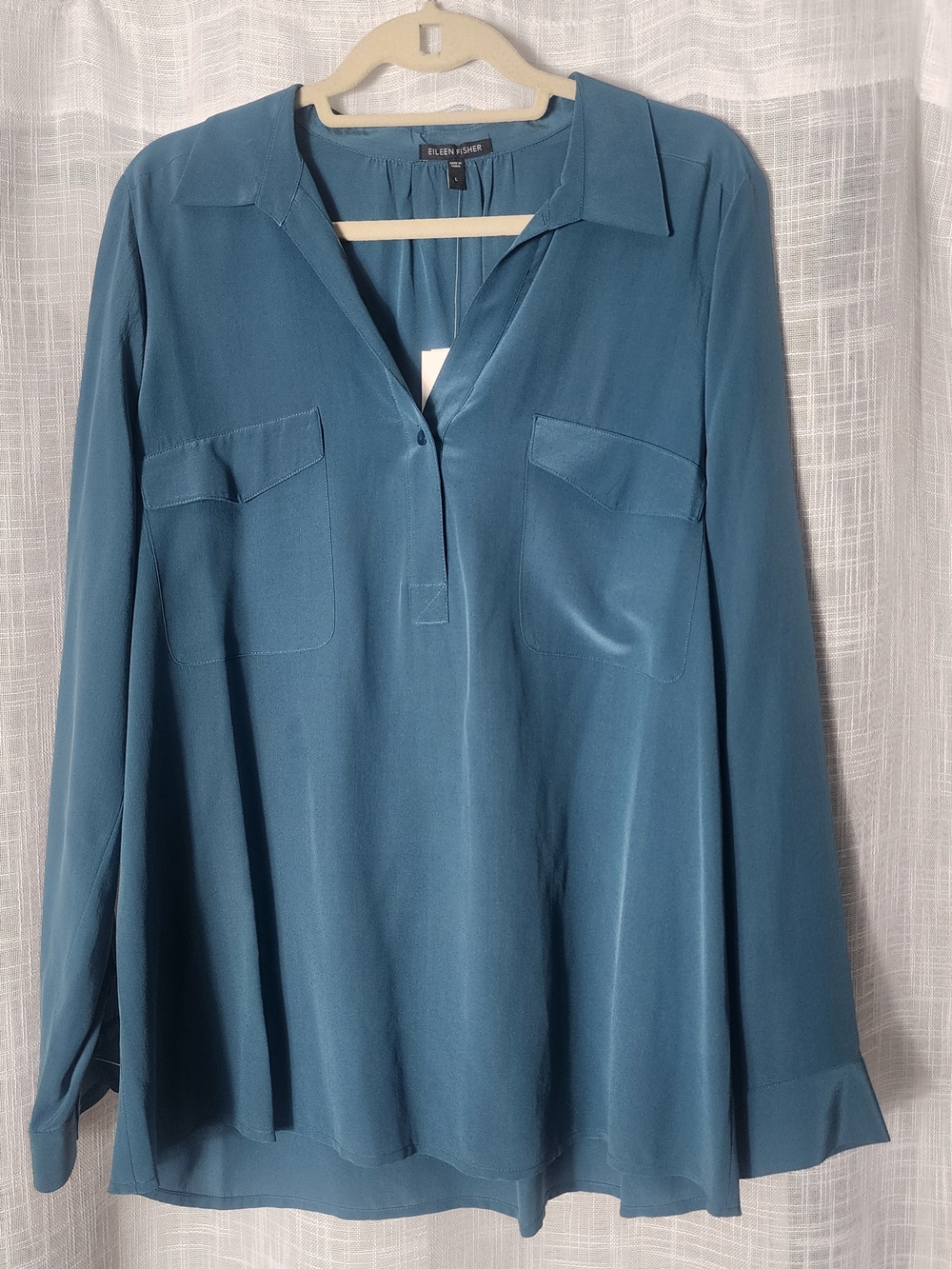 Eileen Fisher Teal Long-Sleeve Split-Neck Blouse - Picture 1 of 6